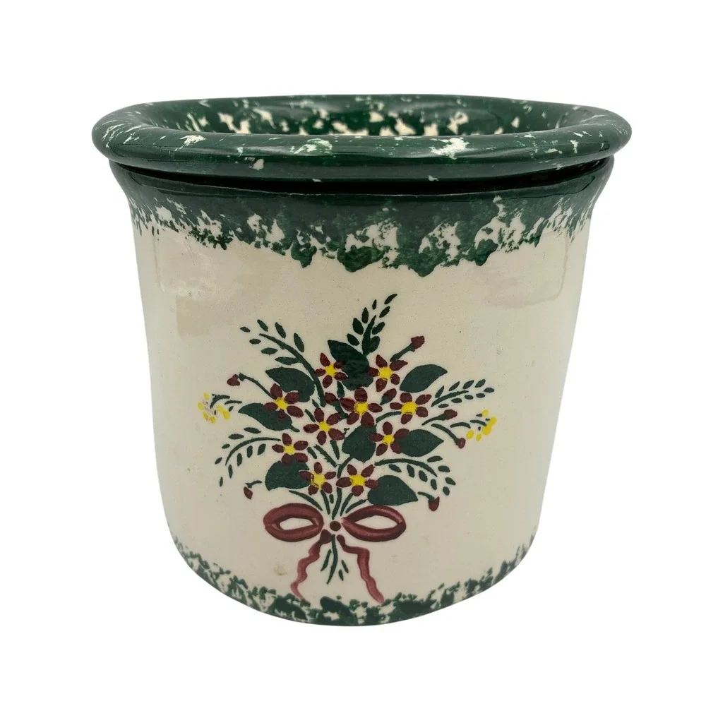 Artisan Floral Spongeware Ceramic Dip Chiller Potpourri Crock Green Cream 5in